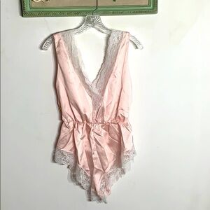 Vintage baby Pink White Lace plunging v neck romper nighty Small playsuit
